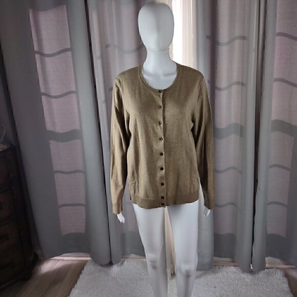 Karen Scott Cotton Blend Long Sleeve Tan Brown Button Up Cardigan Sweater Size L - Picture 1 of 10